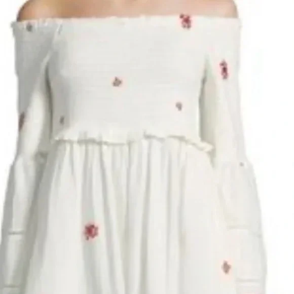 Free People White Counting Daisies Embroidered Off-The-Shoulder Dress, Sizelarge - Picture 4 of 4